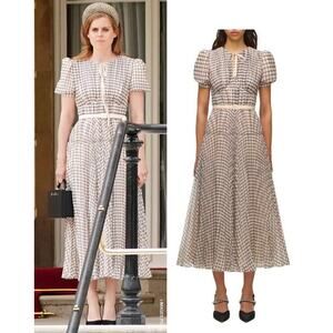 Self-Portrait Midi Dress Cream White Plaid Chiffon Tie Neck Bow Tiered Ruffle 8